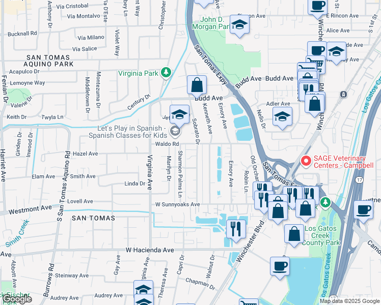 map of restaurants, bars, coffee shops, grocery stores, and more near 608 Gamma Court in Campbell