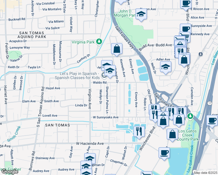 map of restaurants, bars, coffee shops, grocery stores, and more near 817 Sharmon Palms Lane in Campbell