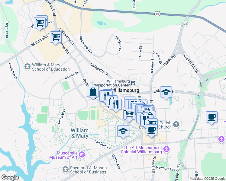 map of restaurants, bars, coffee shops, grocery stores, and more near 125 Braxton Court in Williamsburg