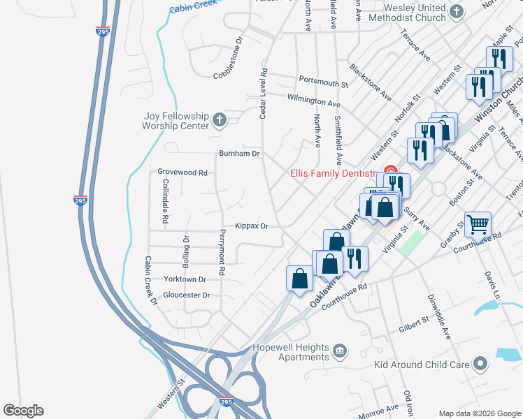 map of restaurants, bars, coffee shops, grocery stores, and more near 3701 Kippax Drive in Hopewell