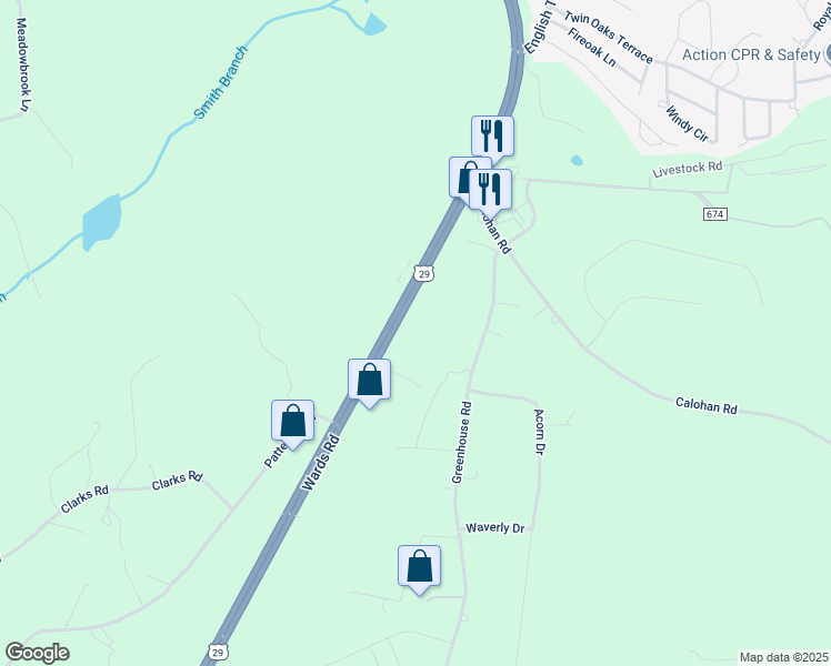 map of restaurants, bars, coffee shops, grocery stores, and more near 2915 Clarks Road in Rustburg