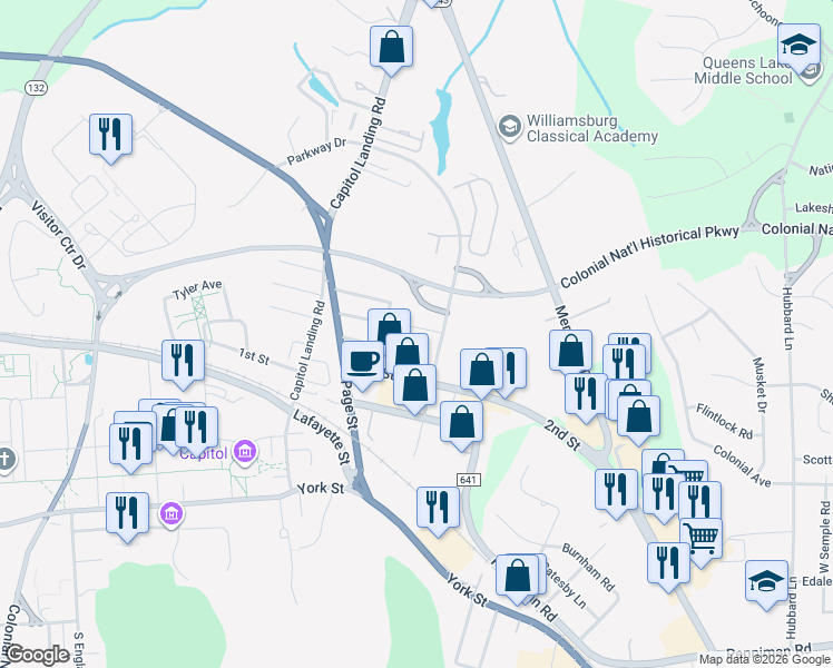 map of restaurants, bars, coffee shops, grocery stores, and more near 216 Parkway Drive in Williamsburg