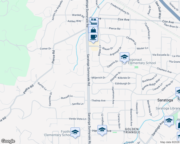 map of restaurants, bars, coffee shops, grocery stores, and more near 13275 Glasgow Court in Saratoga