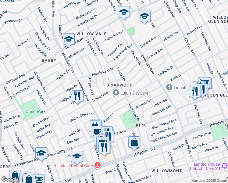 map of restaurants, bars, coffee shops, grocery stores, and more near 1660 Husted Avenue in San Jose