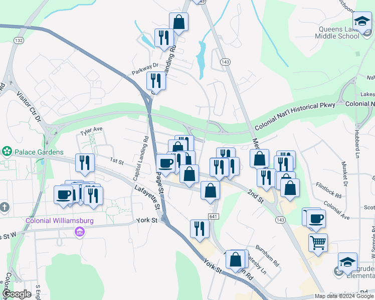 map of restaurants, bars, coffee shops, grocery stores, and more near 149 Parkway Court in Williamsburg