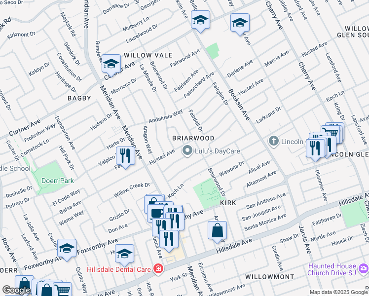 map of restaurants, bars, coffee shops, grocery stores, and more near 1660 Husted Avenue in San Jose