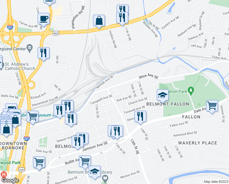 map of restaurants, bars, coffee shops, grocery stores, and more near 117 14th Street Southeast in Roanoke