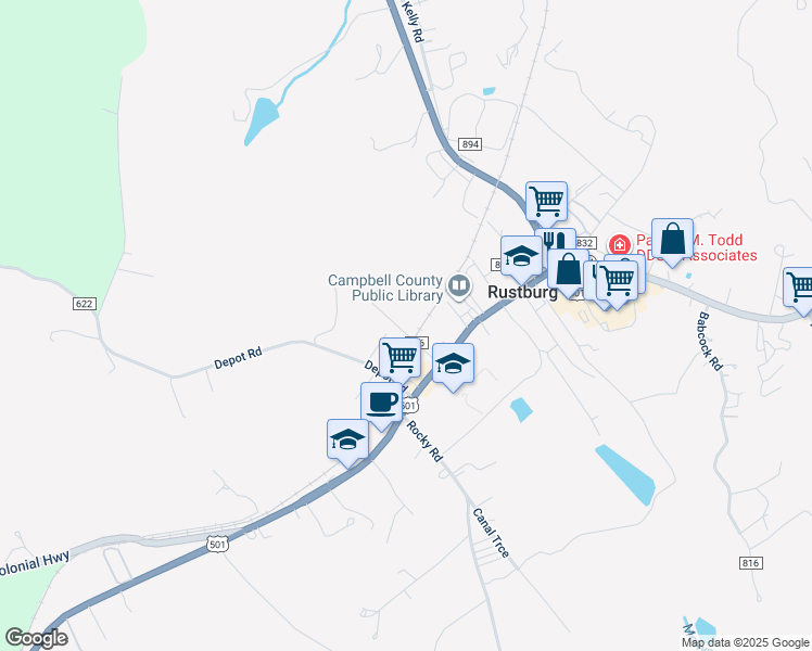 map of restaurants, bars, coffee shops, grocery stores, and more near 103 Drummer Street in Rustburg