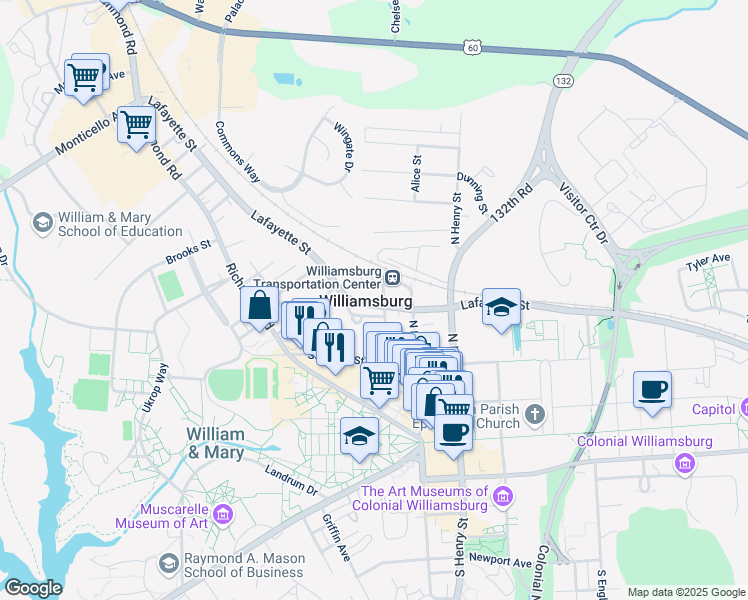 map of restaurants, bars, coffee shops, grocery stores, and more near 401 Lafayette Street in Williamsburg