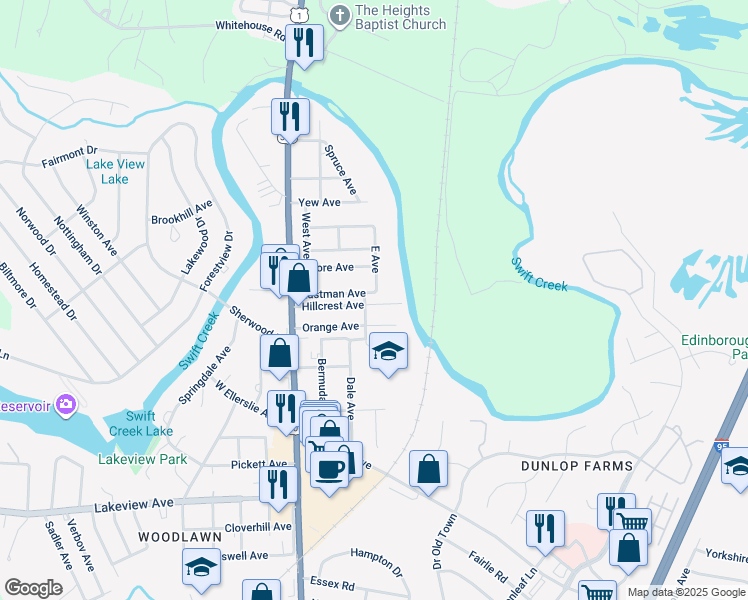 map of restaurants, bars, coffee shops, grocery stores, and more near 412 Hillcrest Avenue in Colonial Heights
