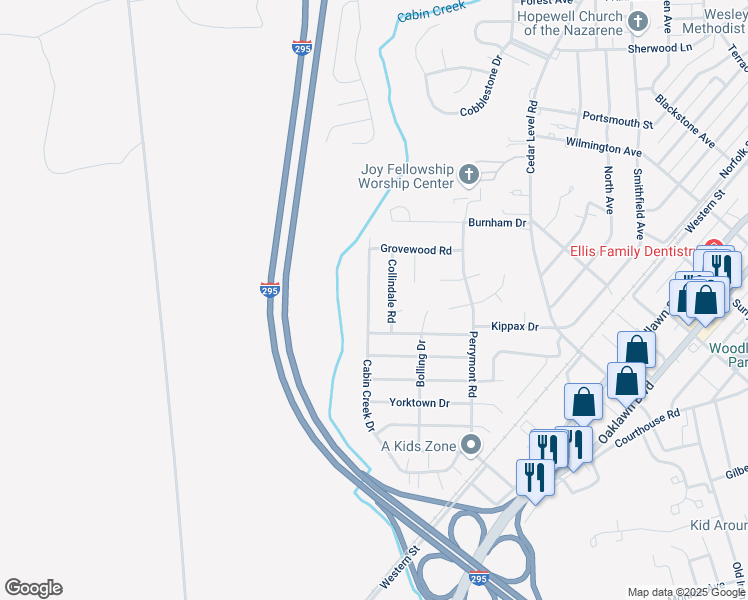 map of restaurants, bars, coffee shops, grocery stores, and more near 707 Cabin Creek Drive in Hopewell