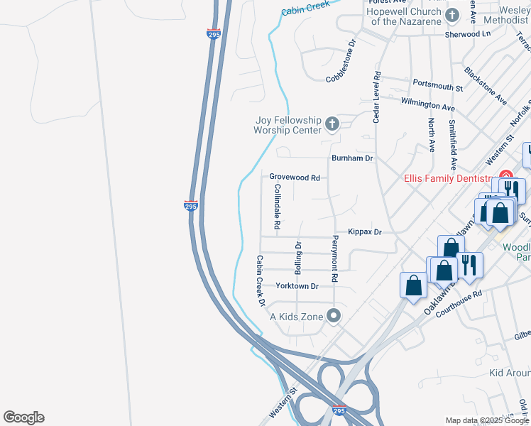 map of restaurants, bars, coffee shops, grocery stores, and more near 707 Cabin Creek Drive in Hopewell