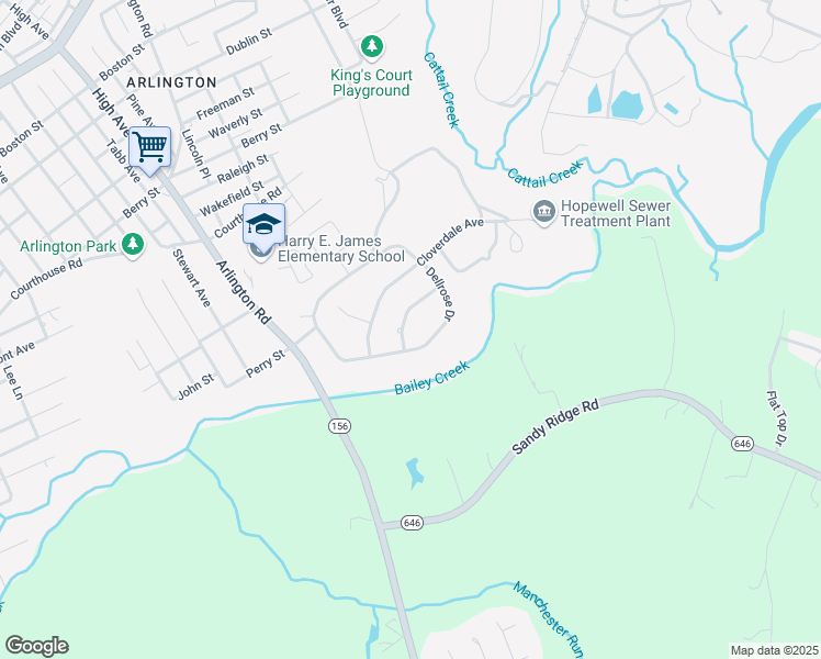map of restaurants, bars, coffee shops, grocery stores, and more near 2118 Hazelwood Avenue in Hopewell