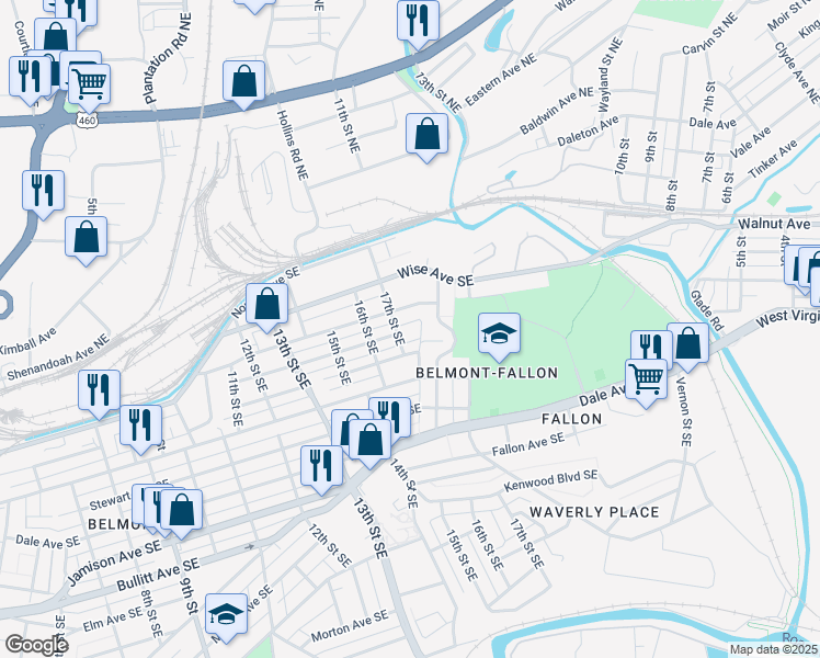 map of restaurants, bars, coffee shops, grocery stores, and more near 122 17th Street Southeast in Roanoke