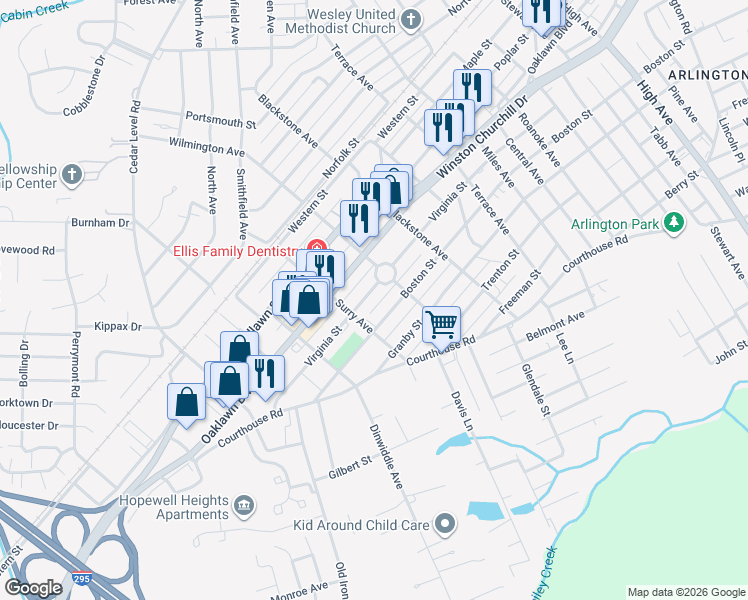 map of restaurants, bars, coffee shops, grocery stores, and more near 3404 Oaklawn Boulevard in Hopewell