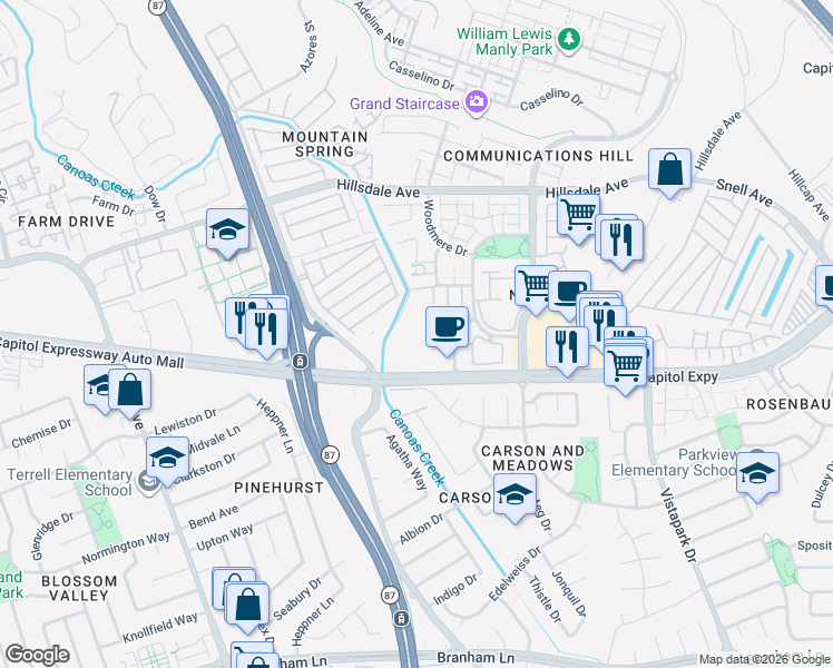 map of restaurants, bars, coffee shops, grocery stores, and more near 635 West Capitol Expressway in San Jose