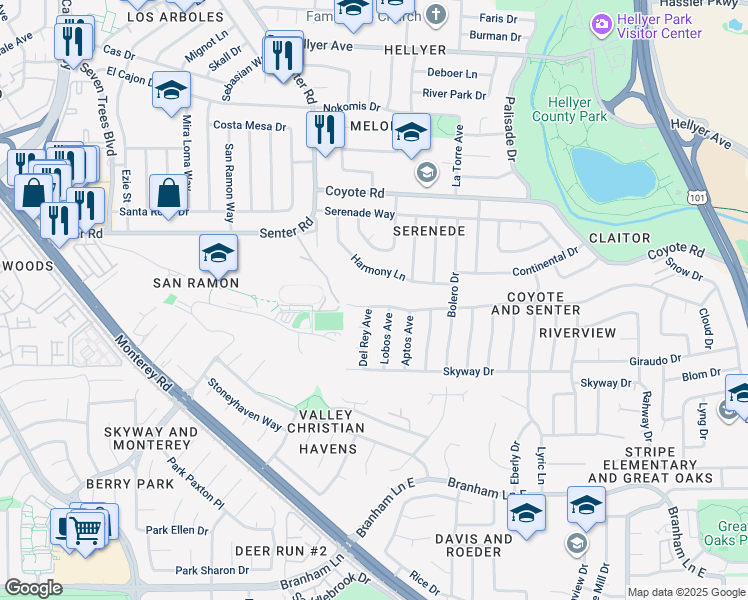 map of restaurants, bars, coffee shops, grocery stores, and more near 383 River View Drive in San Jose