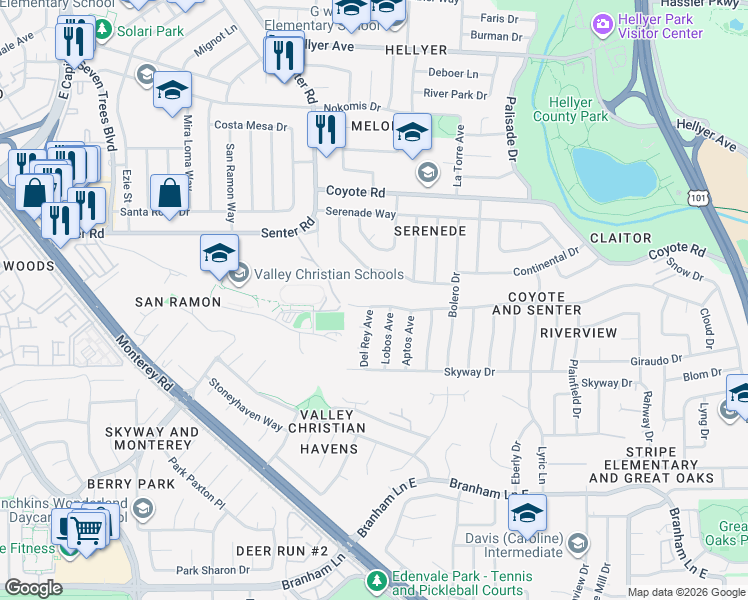 map of restaurants, bars, coffee shops, grocery stores, and more near 383 River View Drive in San Jose