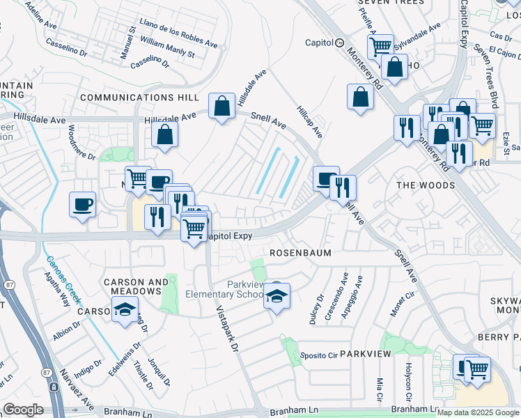 map of restaurants, bars, coffee shops, grocery stores, and more near 239 Vista Roma Way in San Jose