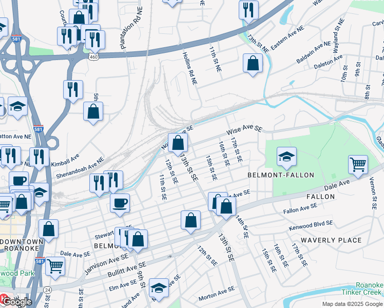 map of restaurants, bars, coffee shops, grocery stores, and more near 113 14th Street Southeast in Roanoke