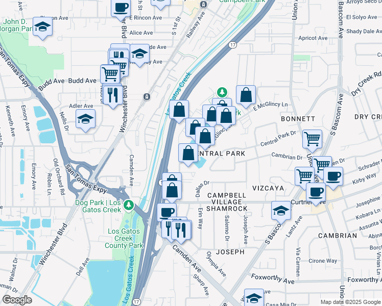 map of restaurants, bars, coffee shops, grocery stores, and more near Griffith Ln in Campbell