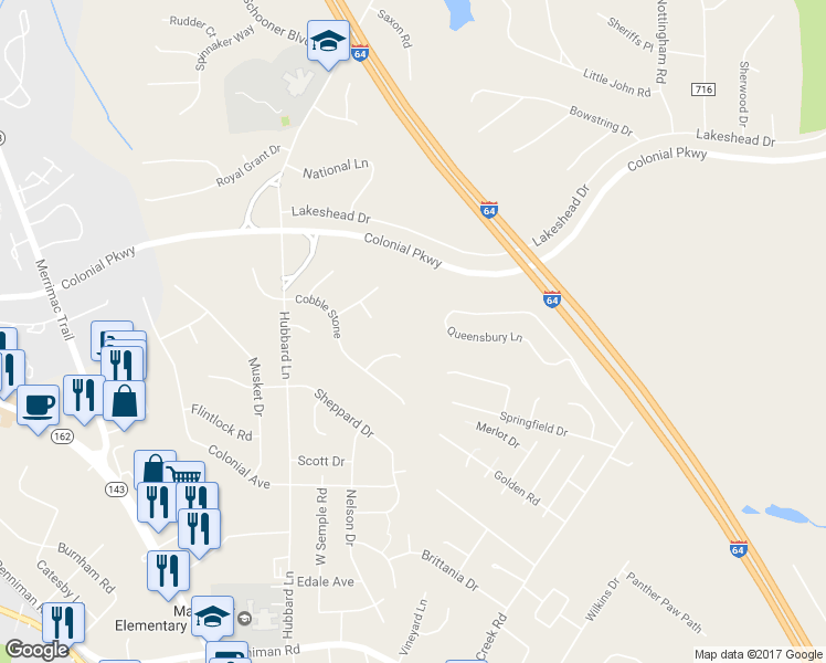 map of restaurants, bars, coffee shops, grocery stores, and more near 113 Copperfield Drive in Williamsburg
