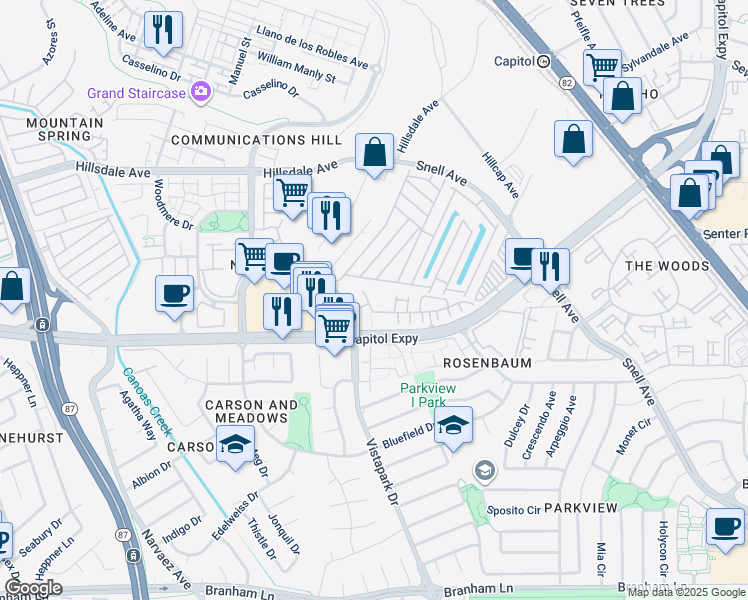map of restaurants, bars, coffee shops, grocery stores, and more near 383 Vista Roma Way in San Jose