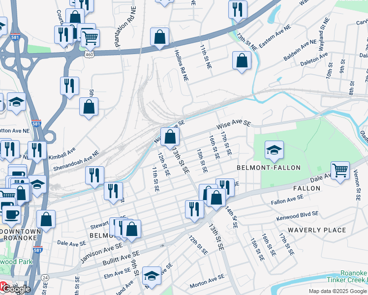 map of restaurants, bars, coffee shops, grocery stores, and more near 113 14th Street Southeast in Roanoke
