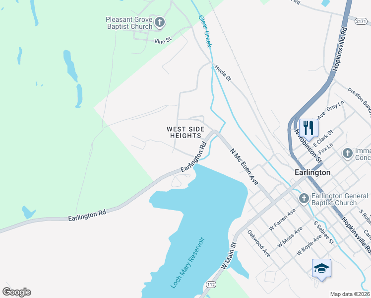 map of restaurants, bars, coffee shops, grocery stores, and more near Woodlawn Avenue in Earlington