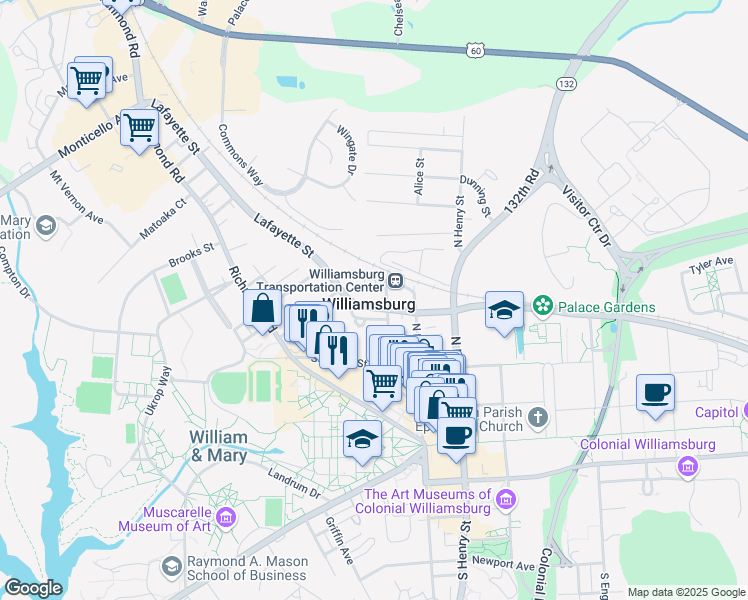 map of restaurants, bars, coffee shops, grocery stores, and more near 401 Lafayette Street in Williamsburg