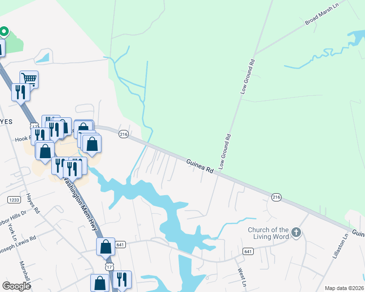 map of restaurants, bars, coffee shops, grocery stores, and more near 7801 Guinea Road in Gloucester County
