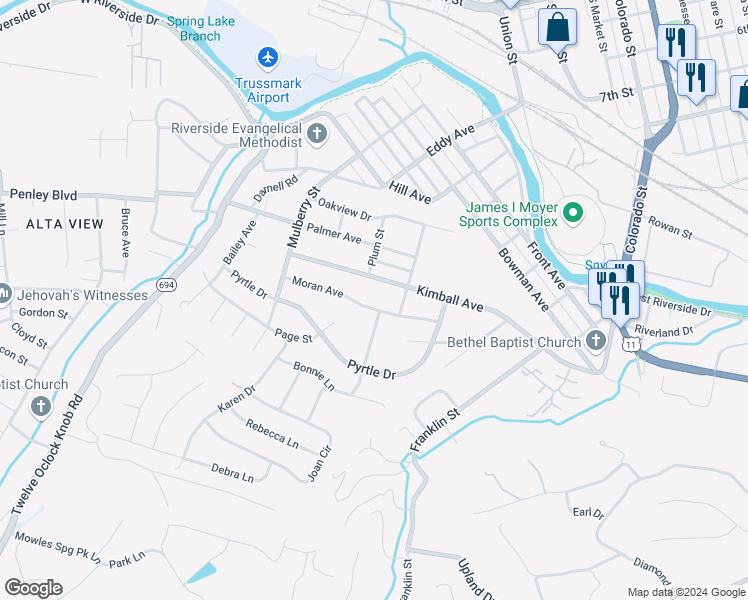 map of restaurants, bars, coffee shops, grocery stores, and more near 623 Moran Avenue in Salem