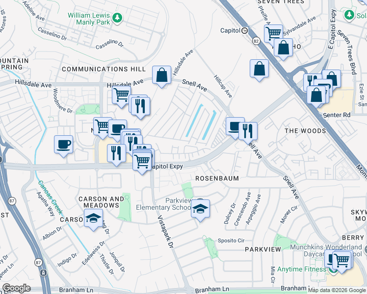 map of restaurants, bars, coffee shops, grocery stores, and more near 239 Vista Roma Way in San Jose