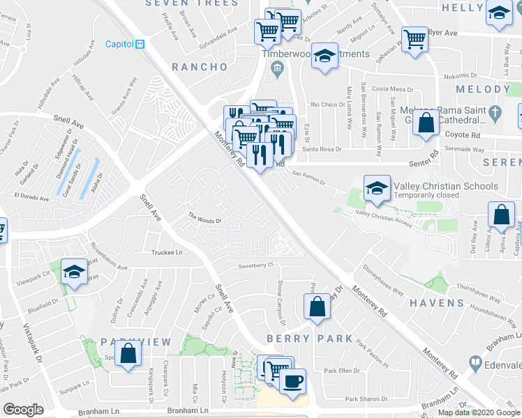 map of restaurants, bars, coffee shops, grocery stores, and more near 4100 The Woods Drive in San Jose