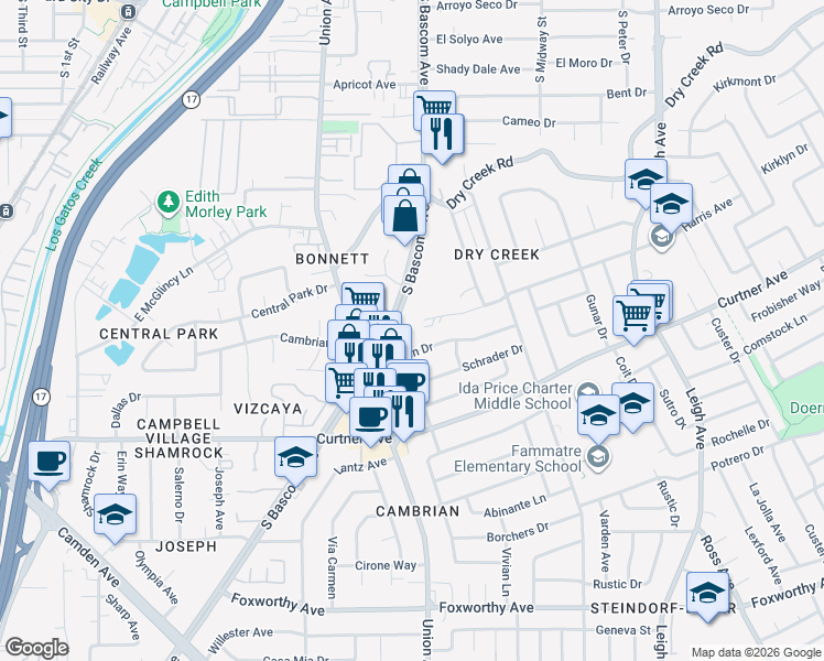 map of restaurants, bars, coffee shops, grocery stores, and more near 2542 South Bascom Avenue in Campbell
