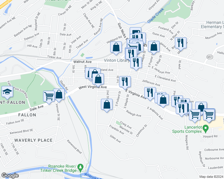 map of restaurants, bars, coffee shops, grocery stores, and more near 100 West Virginia Avenue in Vinton