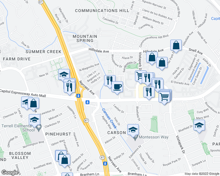 map of restaurants, bars, coffee shops, grocery stores, and more near 11 in San Jose