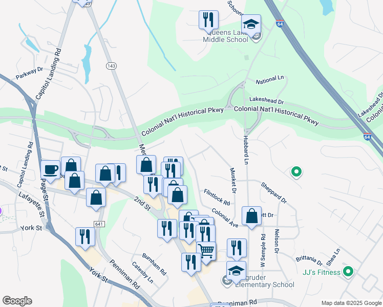 map of restaurants, bars, coffee shops, grocery stores, and more near 101 Percussion Road in Williamsburg