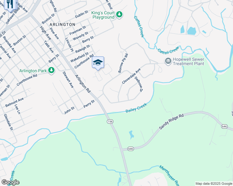 map of restaurants, bars, coffee shops, grocery stores, and more near 2201 Cloverdale Avenue in Hopewell