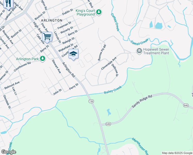 map of restaurants, bars, coffee shops, grocery stores, and more near 2201 Cloverdale Avenue in Hopewell