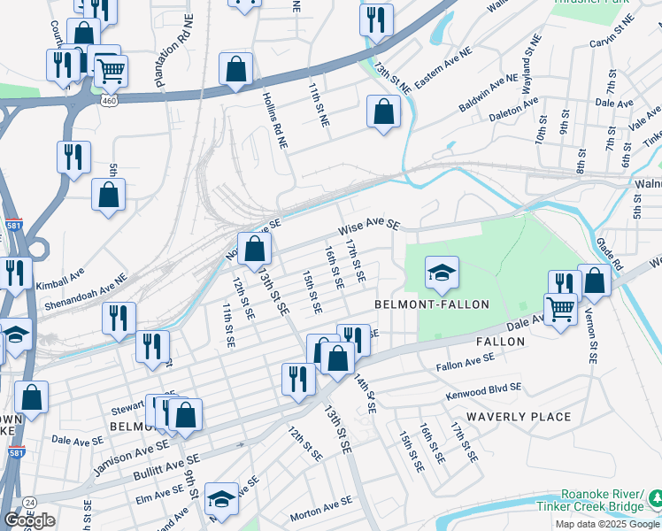 map of restaurants, bars, coffee shops, grocery stores, and more near 1527 Campbell Avenue Southeast in Roanoke