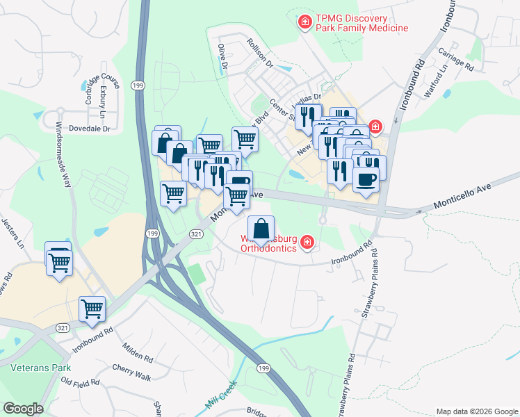 map of restaurants, bars, coffee shops, grocery stores, and more near 5223 Monticello Avenue in Williamsburg