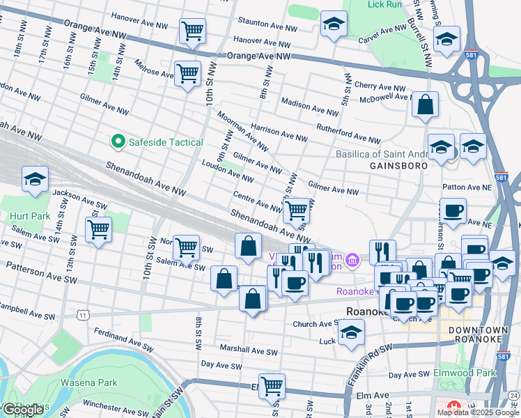 map of restaurants, bars, coffee shops, grocery stores, and more near 624 Centre Avenue Northwest in Roanoke