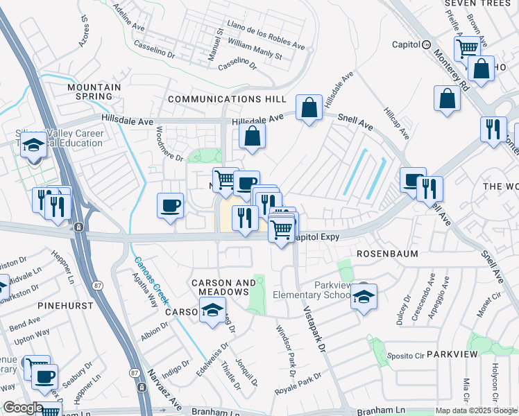 map of restaurants, bars, coffee shops, grocery stores, and more near 3747 Greymont Drive in San Jose
