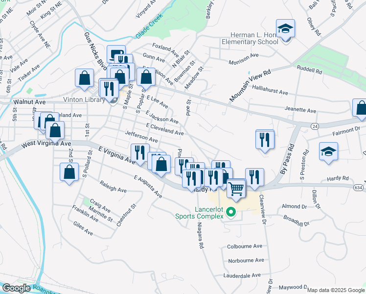 map of restaurants, bars, coffee shops, grocery stores, and more near 424 Pine Street in Vinton