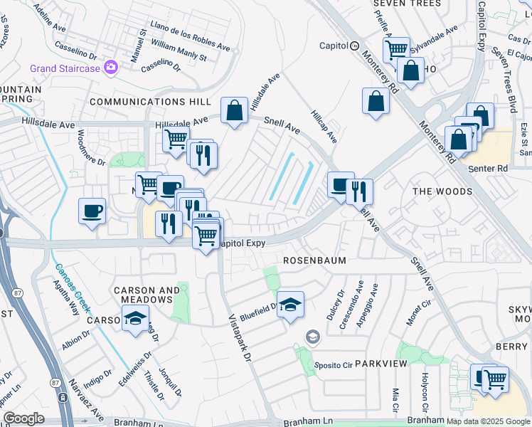 map of restaurants, bars, coffee shops, grocery stores, and more near 239 Vista Roma Way in San Jose