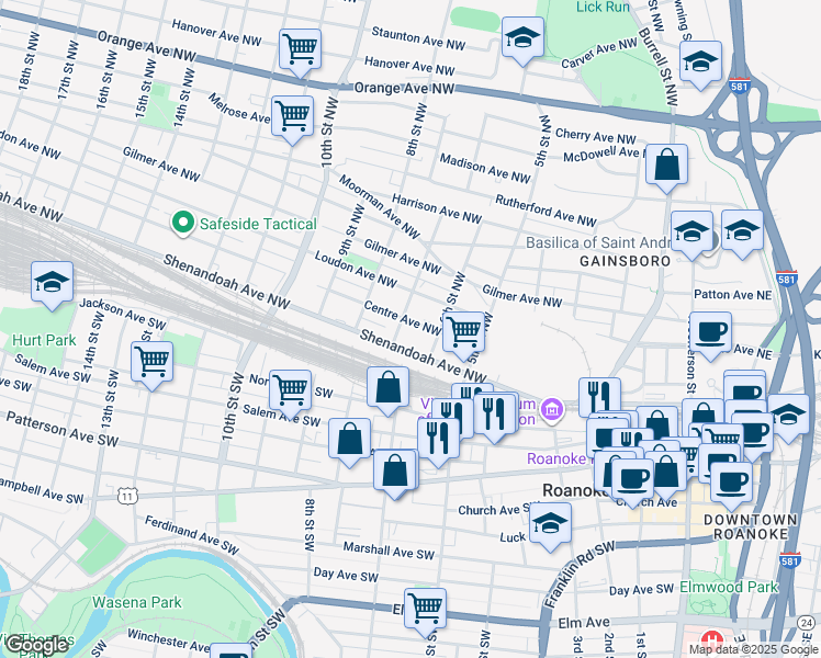 map of restaurants, bars, coffee shops, grocery stores, and more near 624 Centre Avenue Northwest in Roanoke