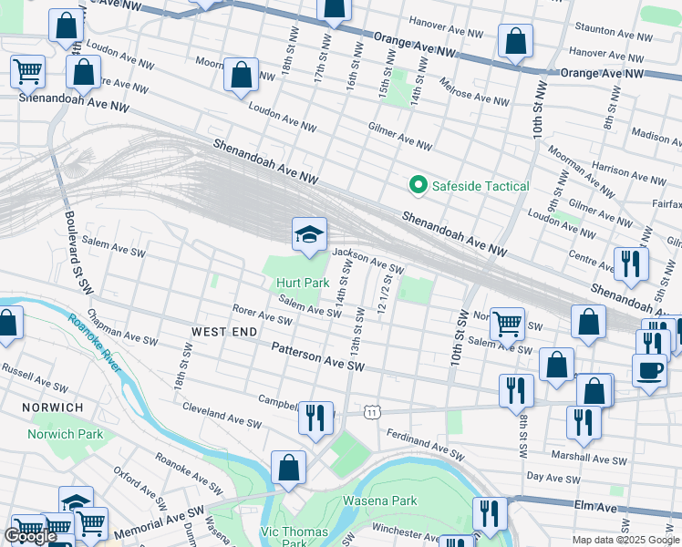 map of restaurants, bars, coffee shops, grocery stores, and more near 23 14th Street Southwest in Roanoke