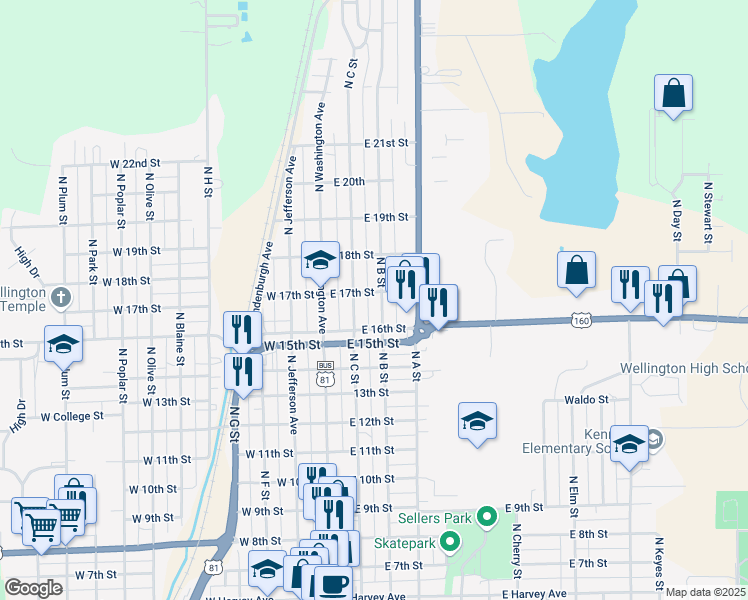 map of restaurants, bars, coffee shops, grocery stores, and more near 1203 North C Street in Wellington