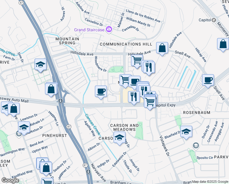 map of restaurants, bars, coffee shops, grocery stores, and more near New Street in San Jose